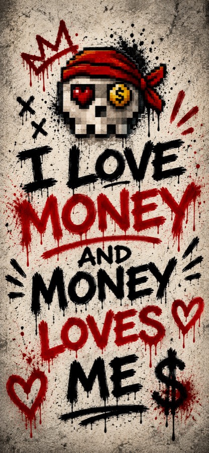 Cashanova poster: a crowned pixel skull with a heart for one eye and a gold coin for the other, above the words I love money and money loves me.